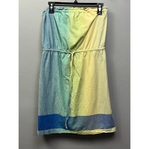 LOFT Dress Womens S Blue Yellow Ombre Strapless Sun Dress Drawstring Linen Blend